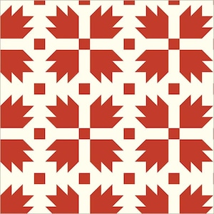 May include: A repeating pattern featuring red leaf-like shapes and small squares on an off-white background. The design is symmetrical, with the red elements arranged in a grid-like fashion, creating a visually appealing and structured aesthetic.
