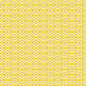 May include: A seamless pattern featuring a repeating design of white stylized flowers inside pink diamond shapes on a yellow background.