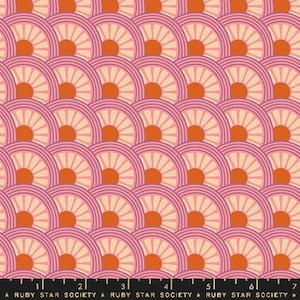 May include: A repeating pattern of fan-like shapes in shades of pink, orange, and cream. The design features a series of layered semi-circles with a central orange circle. The bottom of the image has the text "RUBY STAR SOCIETY".