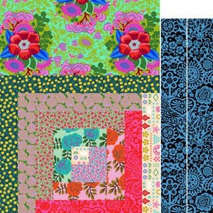 May include: Canvas bag panel with floral patterns in shades of red, pink, blue, and green. The panel is 24 inches by 43 inches. Includes a tote bag with a patchwork design and instructions.