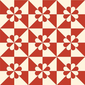 May include: A repeating pattern featuring a grid of red and cream-colored squares and triangles. Each square contains a white flower with red petal-like shapes. The design is symmetrical and geometric, creating a visually appealing and balanced composition.