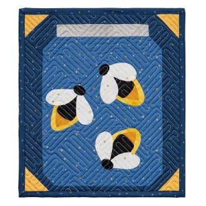 May include: A quilted wall hanging featuring a blue jar design with three stylized fireflies. The fireflies have white wings, black bodies, and yellow accents. The background is a blue fabric with a stitched pattern and gold star details.