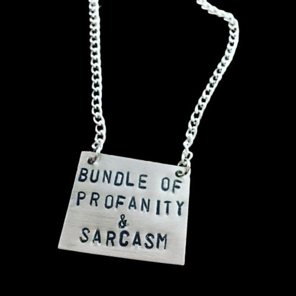 Handstamped Aluminum Charm Pendant Necklace Bundle of Profanity & Sarcasm Curse Cuss Words Choker Plus Size U Pick Length Adult Humor Gag