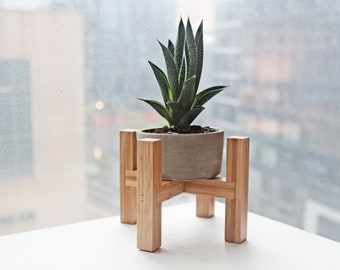 Mid Century Modern Plant Stand and Concrete Pot Combo | Shelf Decor