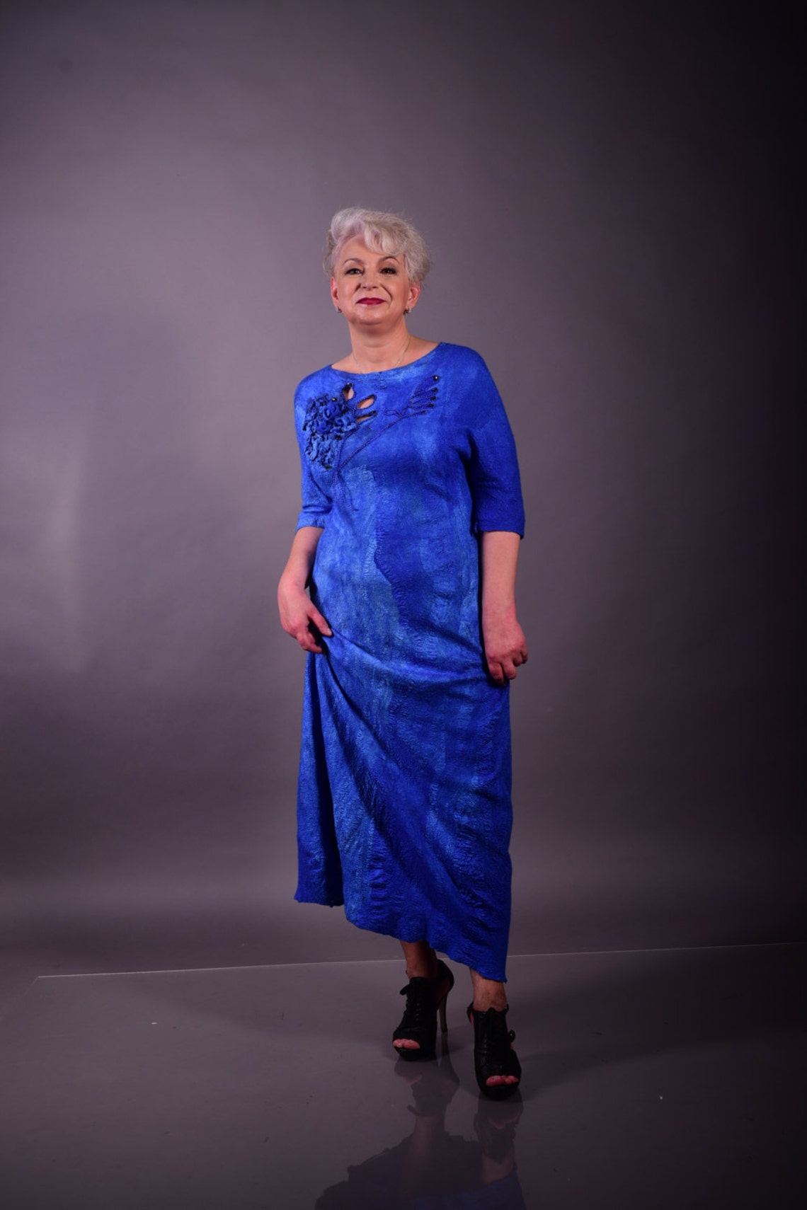 Merino Wool Plus Size Maxi Long Dress Elbow Length Sleeve Blue Etsy