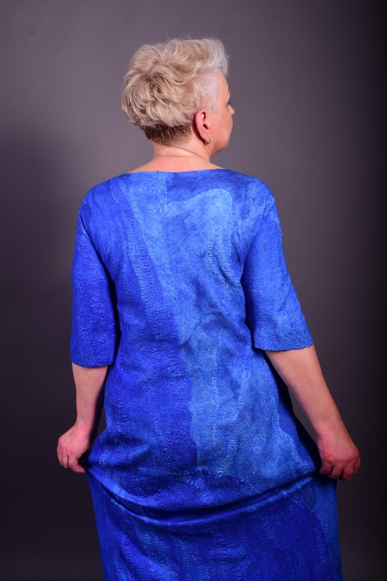 Merino Wool Plus Size Maxi Long Dress Elbow Length Sleeve Blue Etsy