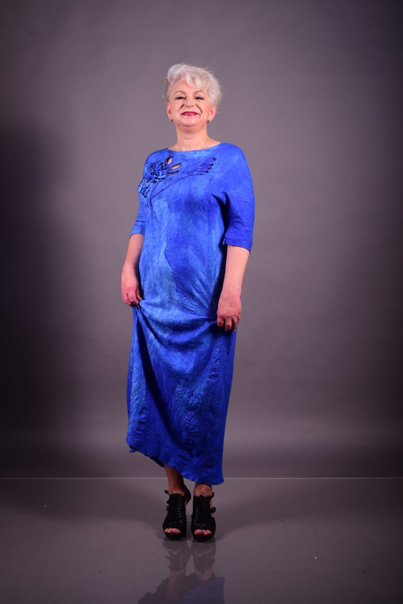 Merino Wool Plus Size Maxi Long Dress Elbow Length Sleeve Blue Etsy