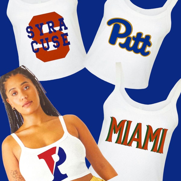 Custom Personalized College Micro Rib Spaghetti Strap White Tank. College Apparel. Custom Team or Camp. Tailgate. Game Day, Commitment Gift.