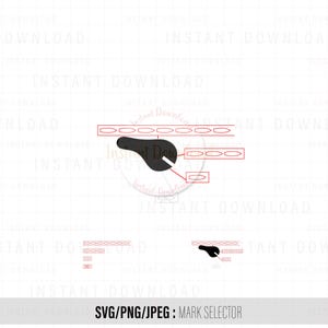Puede incluir: Gráfico negro de una herramienta de selección de marcas con un mango negro y un puntero blanco. La imagen incluye el texto "SVG/PNG/JPEG : MARK SELECTOR". El diseño es para descarga instantánea.