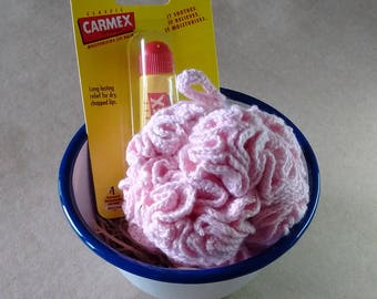 1950s style Bath Set with Baby Pink Body Puff/Pouf and Carmex lip balm in an enamel basin