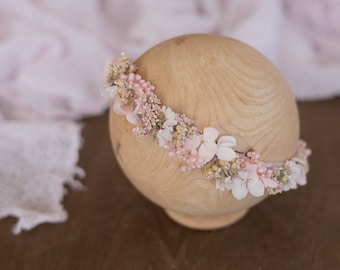 RTS Set: Pink Newborn Floral Headband & Gauze Wrap Photography Prop Flower Girl Tieback Ligth Halo Elastic Bow Mauve Pink Rose Gold Pastel