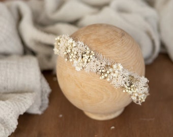 RTS "Sand" Set: Newborn Floral Headband & Gauze Wrap Photography Photo Prop Flower Girl Tieback Ligth Halo Pastel White Cream Light