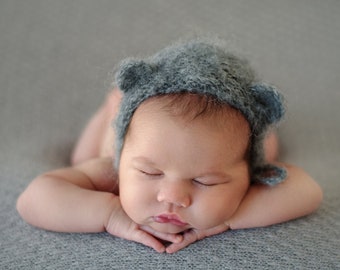 Mohair Bear Bonnet in 4 colours Hat Newborn size Photography Prop RTS Beige Pink White Gray Grey Blue