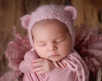 Mohair Bear Bonnet in 4 colours Hat Newborn size Photography Prop RTS Beige Pink White Gray Grey Blue