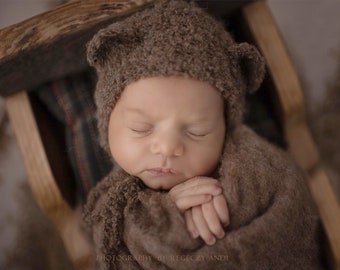 RTS Brown Bear Bonnet Rustic  Hat Newborn Photography Prop