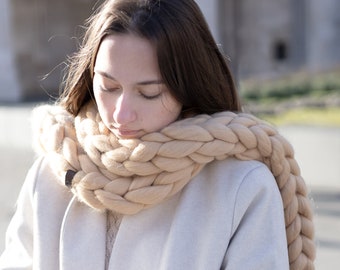 Cream Wool Women Scarf Open Ended  Thick Chunky Women's for Winter Oversized Luxury Cosy Pastel Arm Knitted Beige Natur