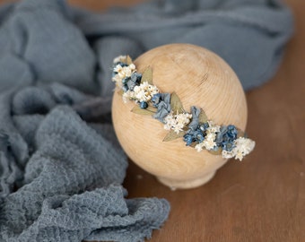 RTS Blue Set: Newborn Floral Headband & Gauze Wrap Slate Blue  Photography Photo Prop Flower Girl Tieback Ligth Halo Elastic Bow