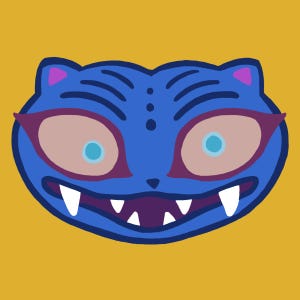 May include: A stylized illustration of a blue cat face with large eyes, sharp teeth, and a yellow background. The cat's eyes are light brown with blue pupils, and the cat has purple accents.