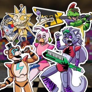May include: Five cartoon characters in a band, each with a different instrument. A yellow sun character with a microphone, a purple and white character with a keyboard, a green character with a guitar, a pink character with a keyboard, and a brown character with a guitar.