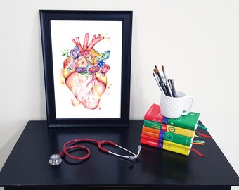 Medical Anatomy Art- Stunning Watercolour Flower Heart PRINT