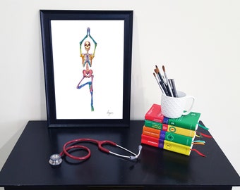 Medical Anatomy Art- Stunning Watercolour Skeleton Tree Pose Yoga PRINT