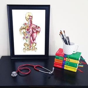 Medical Anatomy Art- Stunning Watercolour Flower Skeleton and Musculature PRINT