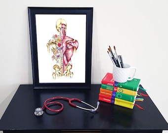 Medical Anatomy Art- Stunning Watercolour Flower Skeleton and Musculature PRINT