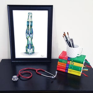 Medical Anatomy Art- Watercolour Yoga Bound Headstand Pose PRINT