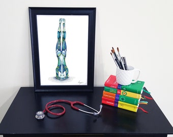 Medical Anatomy Art- Watercolour Yoga Bound Headstand Pose PRINT