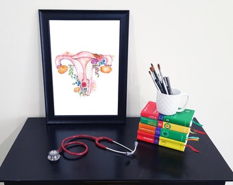 Medical Anatomy Art- Stunning Watercolour Flower Uterus PRINT