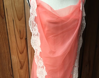 1950s 1960s Glydons Made In Hollywood Vintage Salmon Pink Sheer Nylon Nightgown With Lace Detail