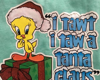 Tweety Bird Vintage 1980s Christmas Looney Tunes Holiday Kids Seafoam Green Screen Stars T-Shirt Copyright Warner Bros Inc 1981