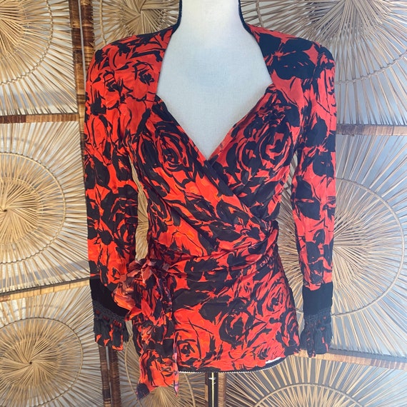 Balenciaga 1980s Floral Printed Silk Wrap Blouse