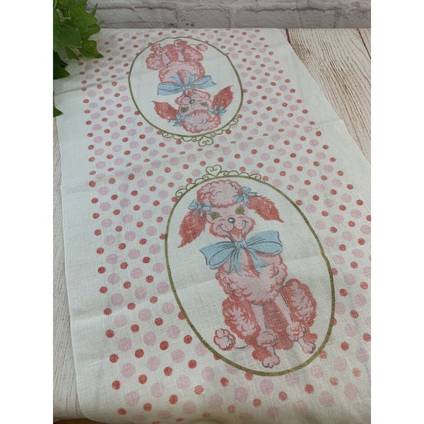 Vintage Tea Kitchen Towel Pink Poodle Puppy Dog Polka Dots 15.5"x28" Super Cute!