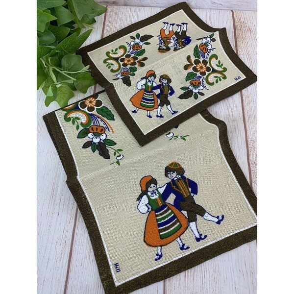 Vintage Swedish Tablecloth Topper Runner 2-pc Set Folk Dancers Kurbits by Hill