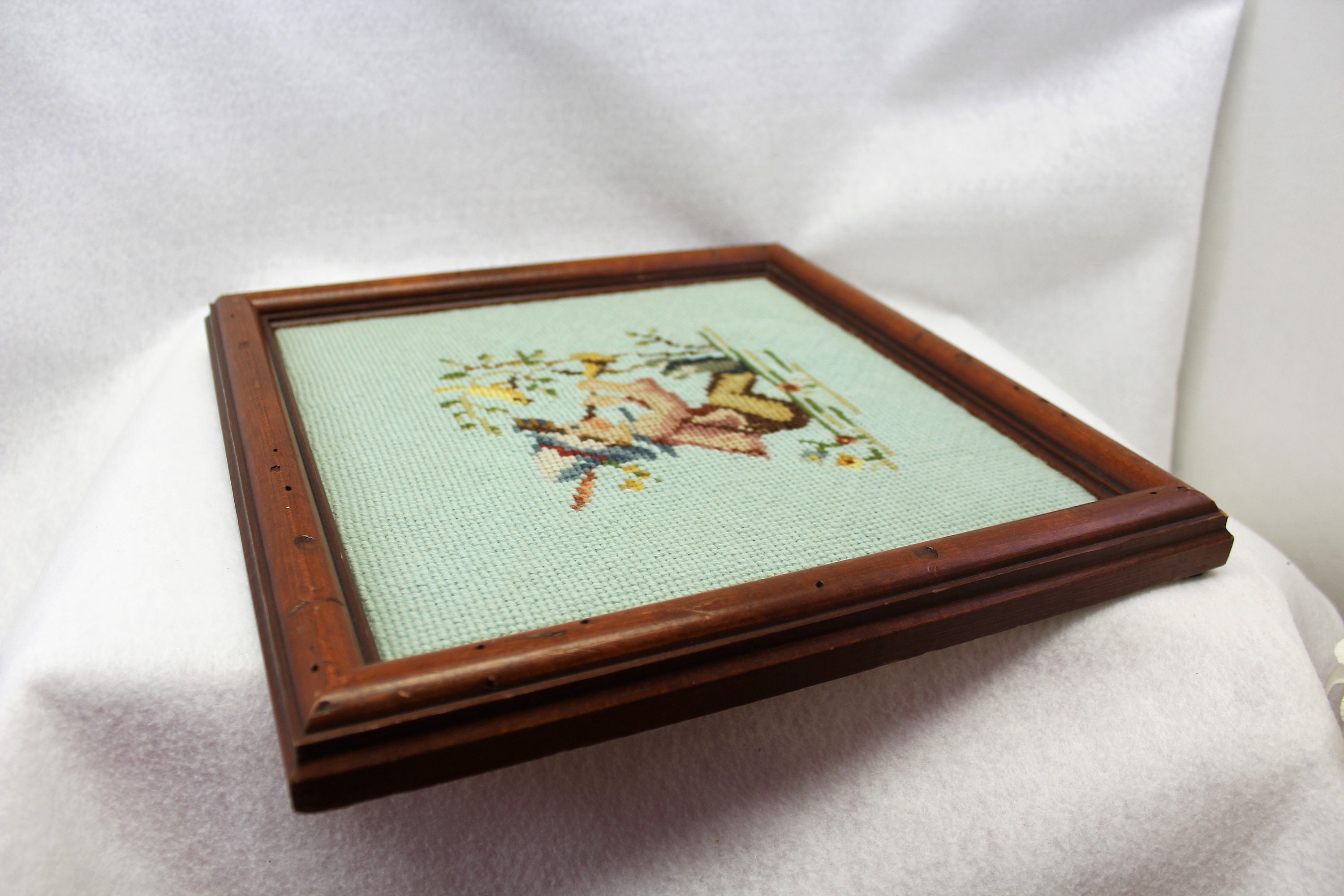 Needlepoint Of Hummel Like Boy Playing A Horn Framed Square