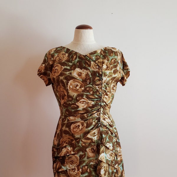 Vintage 50s pleated ruffle floral wiggle dress | 1950s silk short sleeve mid century cocktail dress small