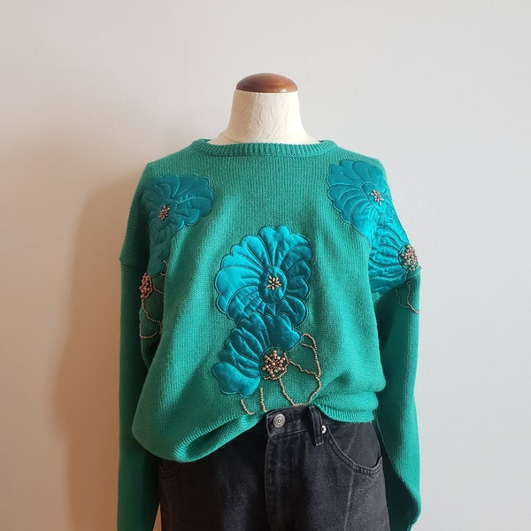 Vintage 80s knit pullover sweater | 1980s bold floral top medium-large