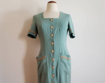 Vintage 90s Liz Claiborne button down linen dress | 1990s pockets midi dress petite x-small