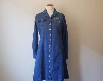 Vintage 90s button down denim dress | 1990s long sleeve short jeans shirtdress vest medium