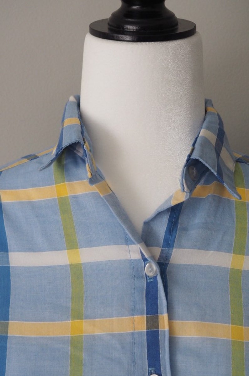 plaid blouse loose fit checkered shirt soft cotton boho chic boxy 1970s plaid button down shirt Vintage 70s S