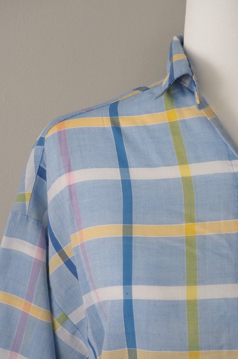 plaid blouse loose fit checkered shirt soft cotton boho chic boxy 1970s plaid button down shirt Vintage 70s S