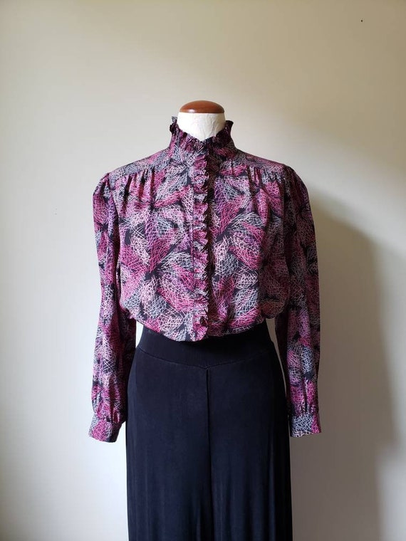 Vintage 80s button down silky blouse high collar |