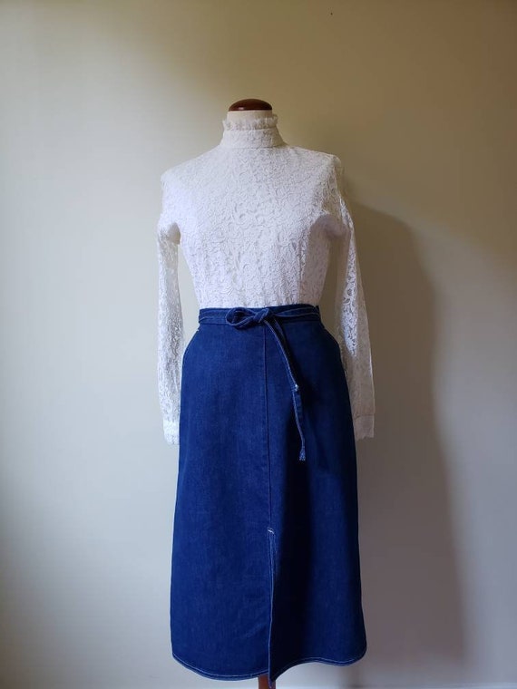 Vintage 70s wrap around denim midi skirt with pock
