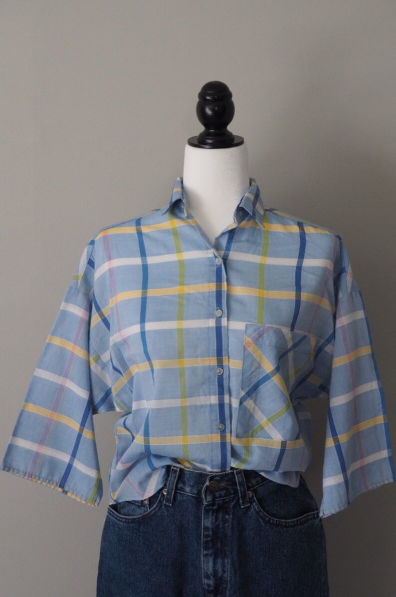 plaid blouse loose fit checkered shirt soft cotton boho chic boxy 1970s plaid button down shirt Vintage 70s S