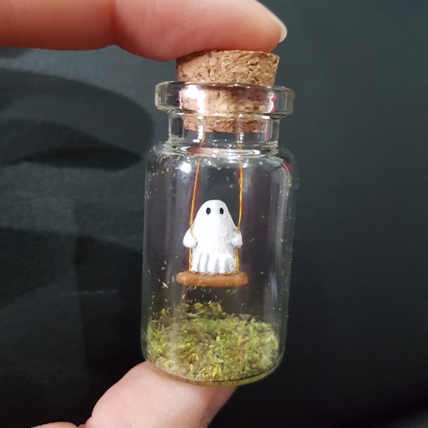 Pet ghost, ghost on a swing, ghost figurine, lonely ghost, spooky decoration, cute ghost, ghost hug, halloween ghost, witch gift, ghost gift