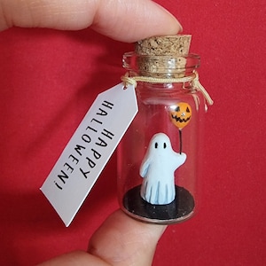 May include: A small glass bottle with a cork stopper contains a white ghost figurine holding a small orange jack-o'-lantern balloon. A white tag attached to the bottle reads "Happy Halloween!"