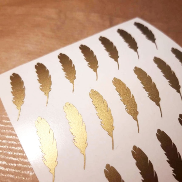 30 Feather stickers, Bohemian Feather Decal, Gold Invitation Seals, Tribal Nursery Decor, Party Gift wrapping stickers, Removable stickers