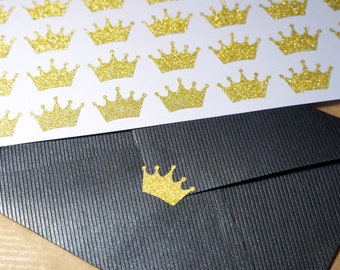 30 pink glitter crown decal, crown princess party sticker crown envelope seals, wedding invitations, gold envelope seal glitter crown labels