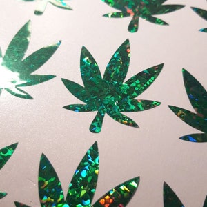 20 pegatinas de hoja de cannabis, pegatinas holográficas, calcomanía de marihuana, sellos brillantes de invitación a fiestas, pegatinas temáticas de marihuana, fiesta en la cabeza de la olla